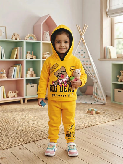 Boy's Fleece Hoodie Set Yellow Printed | 2 Piece Stitched | Kids Winter Wear 2-3 Years
