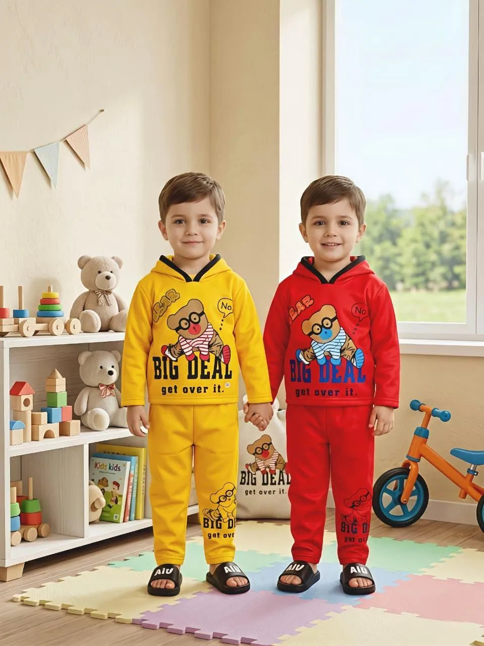 Boy's Fleece Hoodie Set Yellow Printed | 2 Piece Stitched | Kids Winter Wear 2-3 Years
