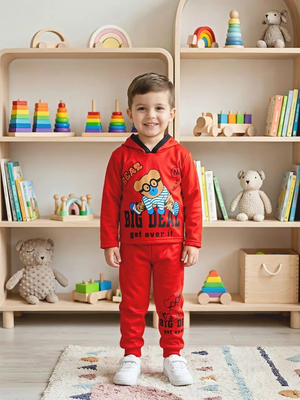 Boy's Fleece Hoodie Set Yellow Printed | 2 Piece Stitched | Kids Winter Wear 2-3 Years