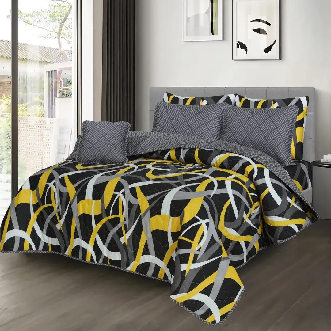 7-Piece Cotton Salonica Bedding Set | Double Bed King Size | Yellow Gray Black