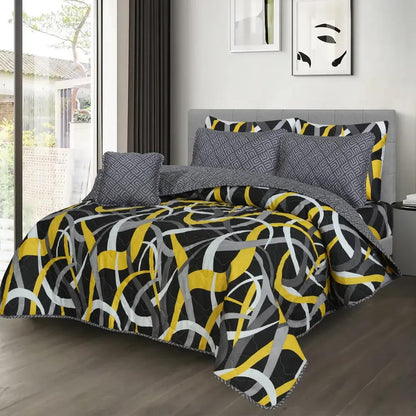 7-Piece Cotton Salonica Bedding Set | Double Bed King Size | Yellow Gray Black