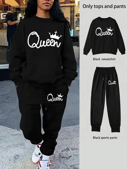 Black Queen Graphic Fleece Tracksuit Set | 2 Piece Stitched | Women Winter Wear
