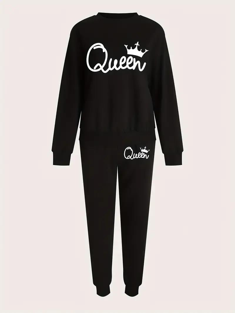 Black Queen Graphic Fleece Tracksuit Set | 2 Piece Stitched | Women Winter Wear