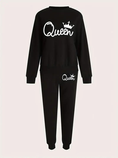 Black Queen Graphic Fleece Tracksuit Set | 2 Piece Stitched | Women Winter Wear