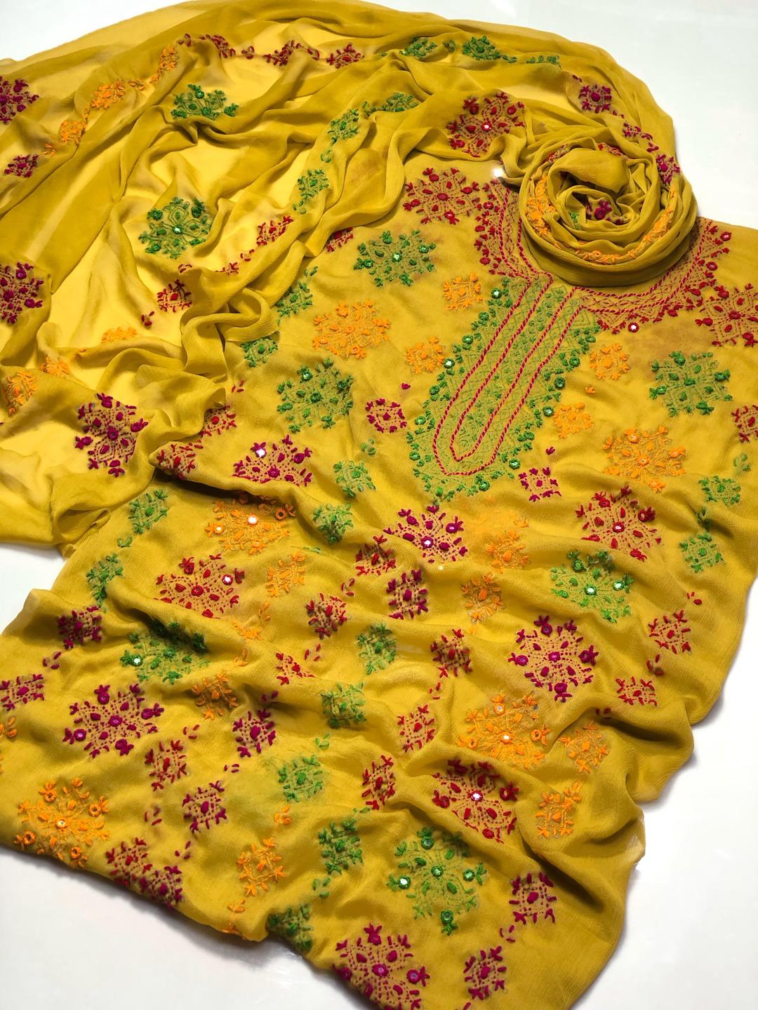 Hand-Embroidered Yellow Chiffon 2-Piece Suit | Unstitched | Party Wear