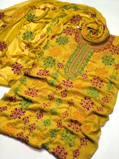 Hand-Embroidered Yellow Chiffon 2-Piece Suit | Unstitched | Party Wear