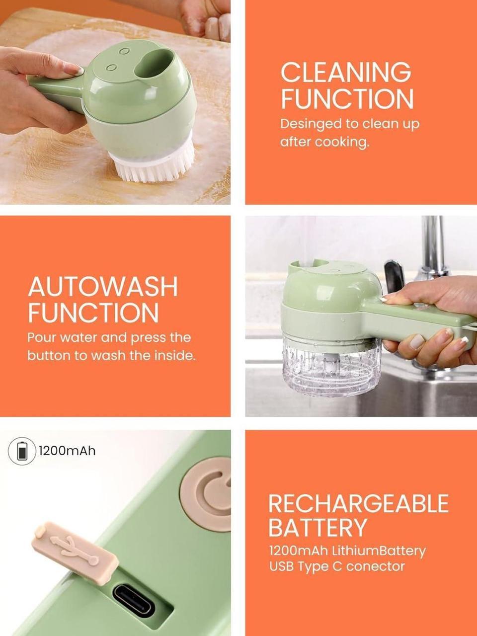 4-in-1 Electric Vegetable Cutter | USB-C 1200mAh | Auto Wash + 6 Attachments