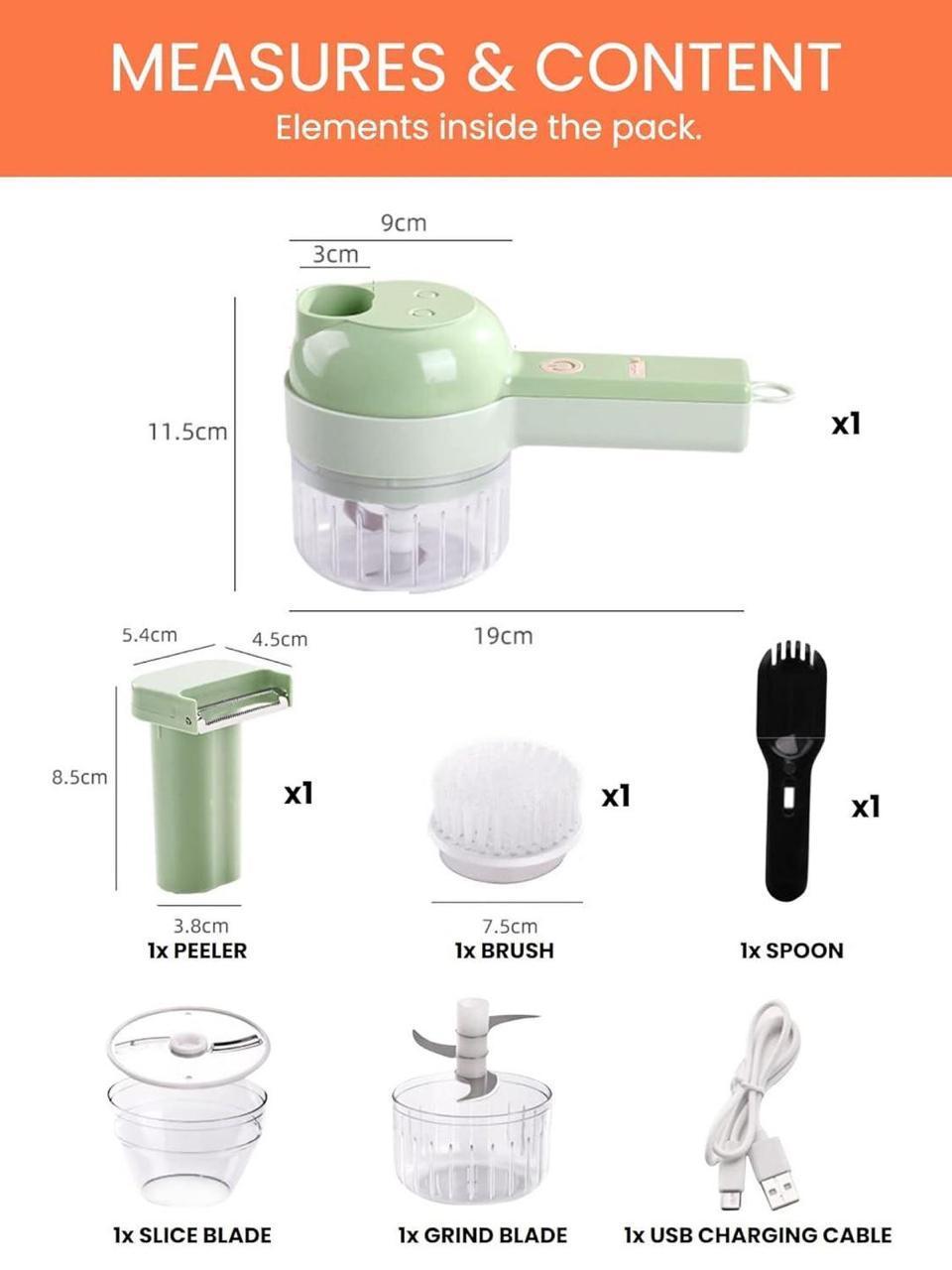 4-in-1 Electric Vegetable Cutter | USB-C 1200mAh | Auto Wash + 6 Attachments